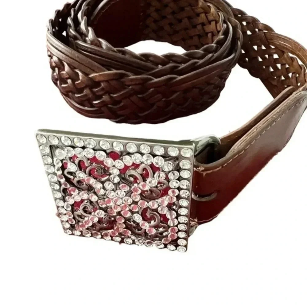 Rhinestone Buckle Adjustable Brown Woven‎ Leather Belt M